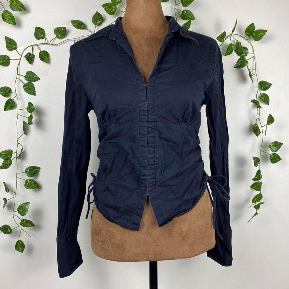 Y2k Rue 21 black cotton blouse corporate office siren tie ruching pirate goth
